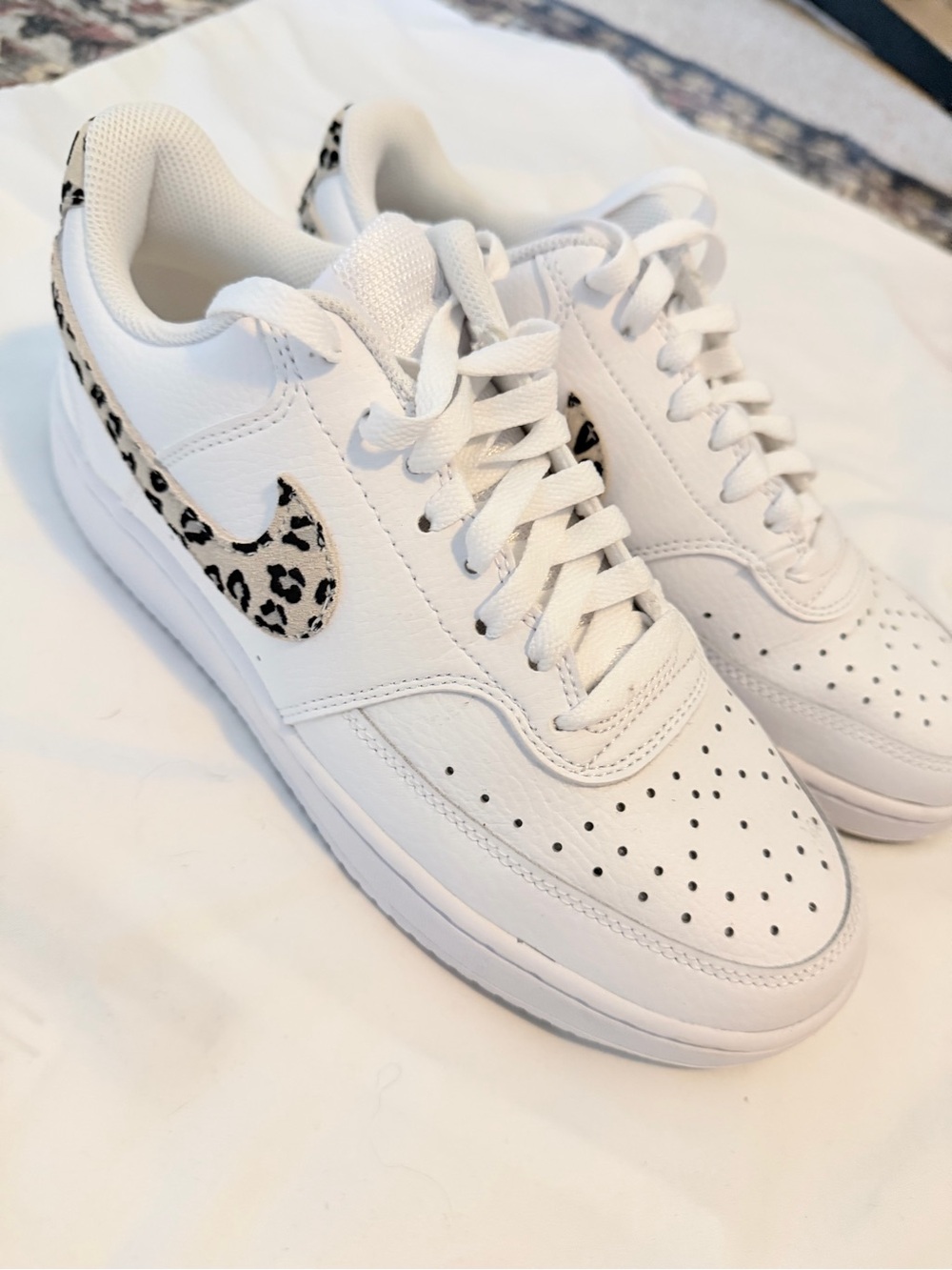 Nike White Leather Sneakers with Leopard Swoosh